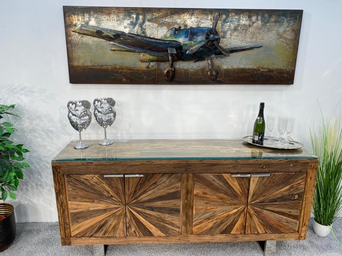 Sideboard / Anrichte "Essence" 180 x 45 x 82 cm aus recyceltem Altholz mit Chromgestell und Glasplatte