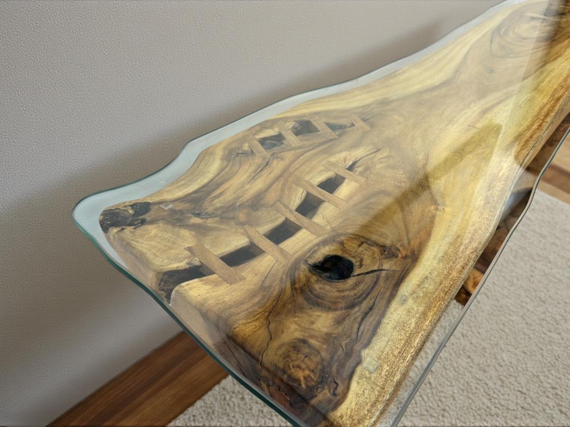 Solid Suar wood sideboard with natural live edge.