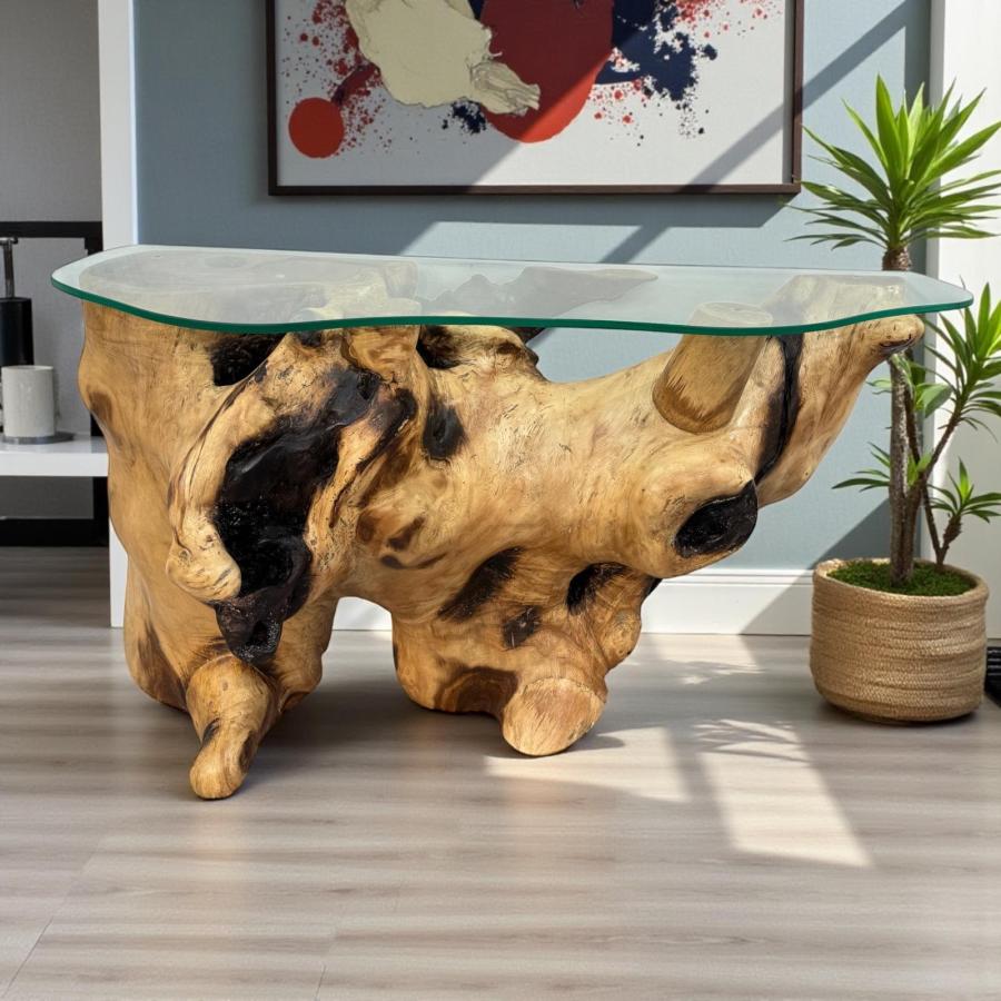 Suar wood sideboard with glass top, tree trunk design