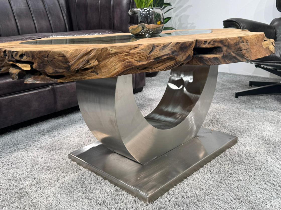 Unikat Couchtisch aus Holz Baumstamm Baumscheibe mit Edelstahl