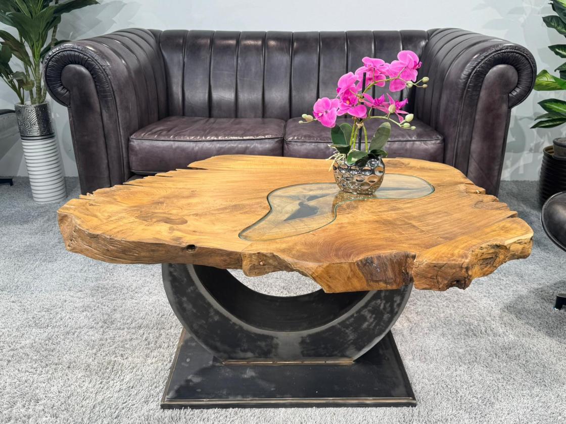 Solid wood coffee table with glass top, unique design
