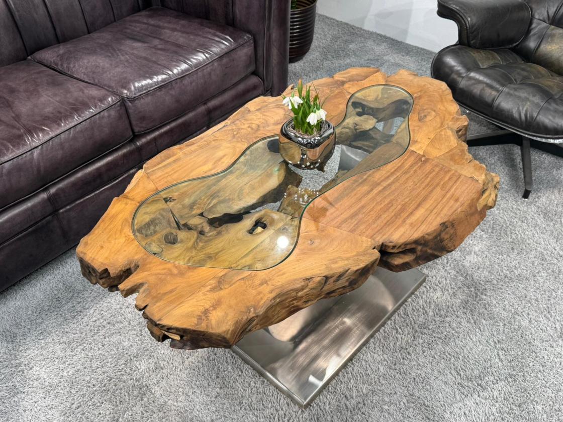 Unikat Couchtisch aus Holz Baumstamm Baumscheibe mit Edelstahl