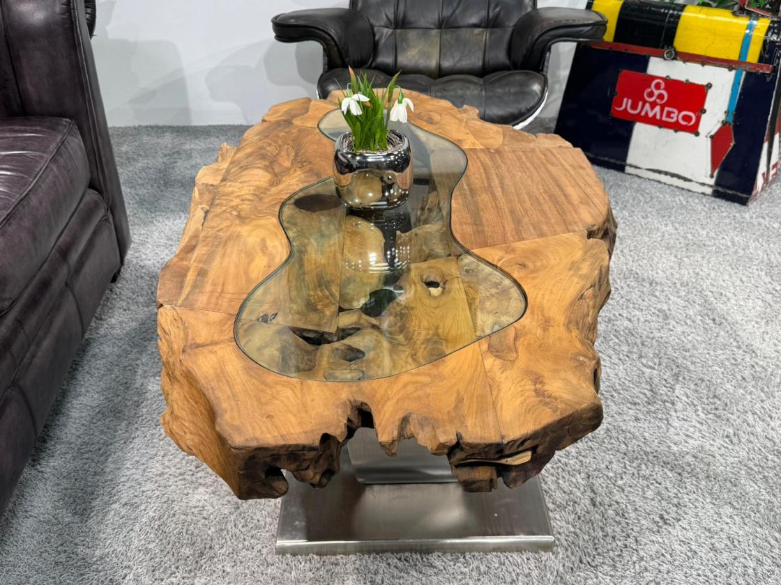 Unikat Couchtisch aus Holz Baumstamm Baumscheibe mit Edelstahl