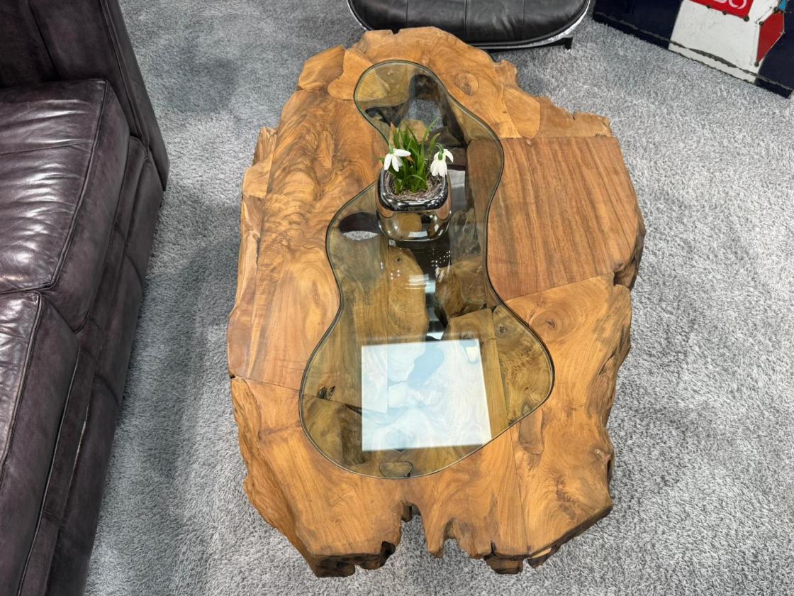 Unikat Couchtisch aus Holz Baumstamm Baumscheibe mit Edelstahl