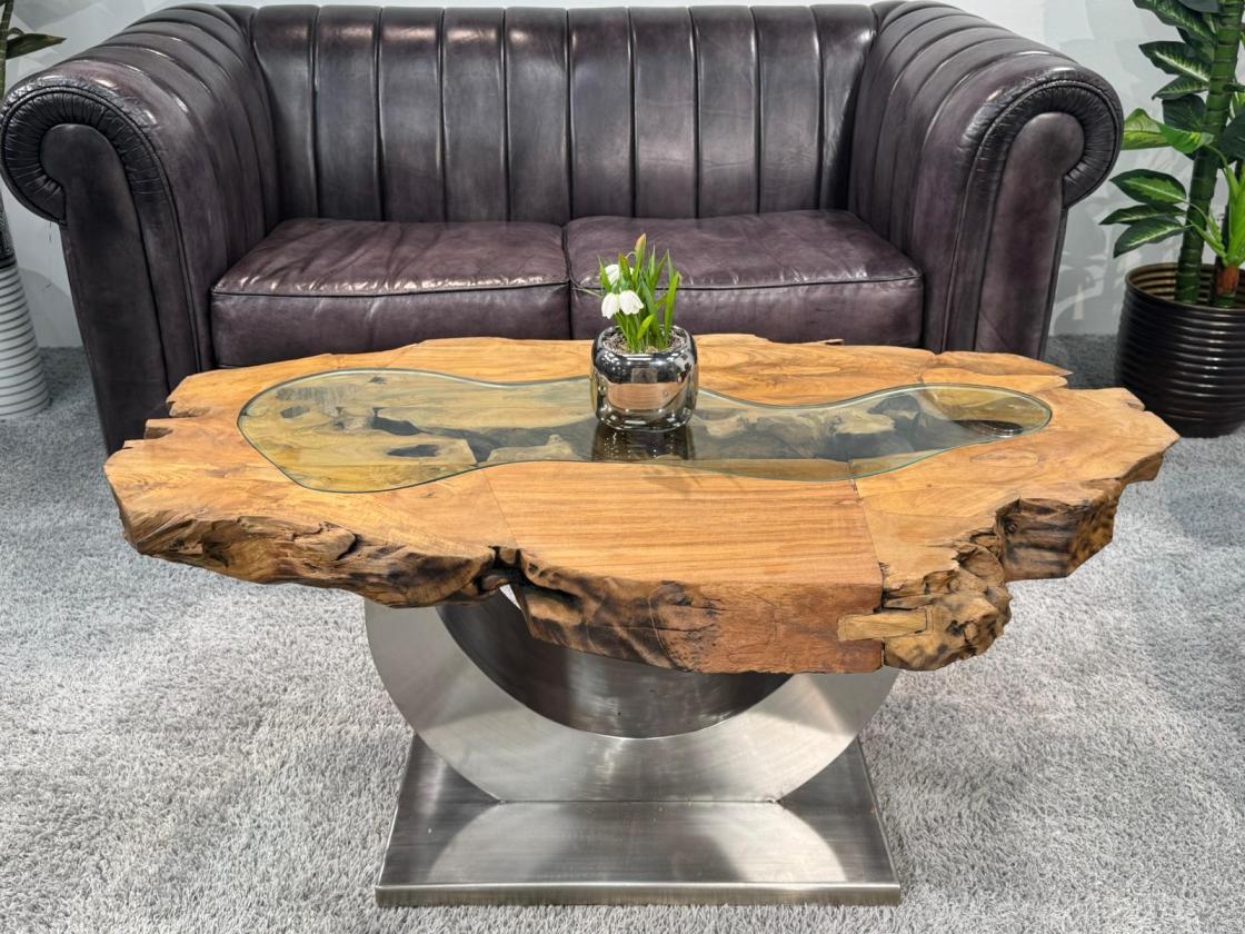 Unikat Couchtisch aus Holz Baumstamm Baumscheibe mit Edelstahl