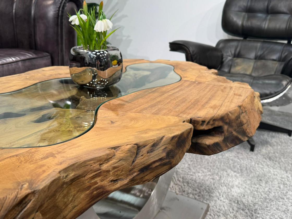Unikat Couchtisch aus Holz Baumstamm Baumscheibe mit Edelstahl
