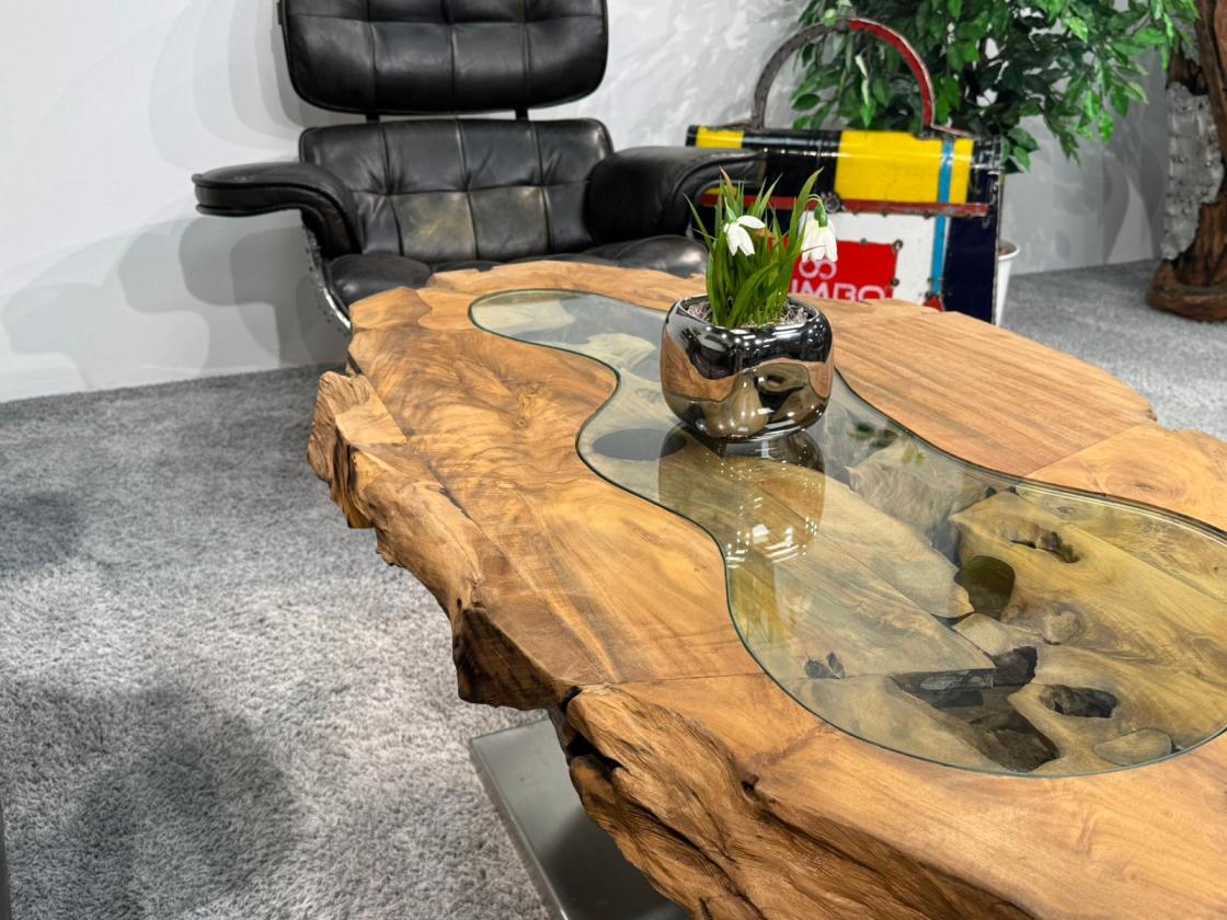 Unikat Couchtisch aus Holz Baumstamm Baumscheibe mit Edelstahl