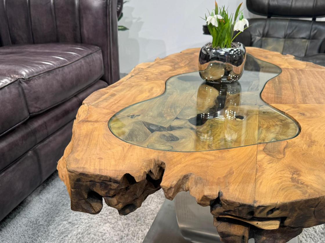 Unikat Couchtisch aus Holz Baumstamm Baumscheibe mit Edelstahl