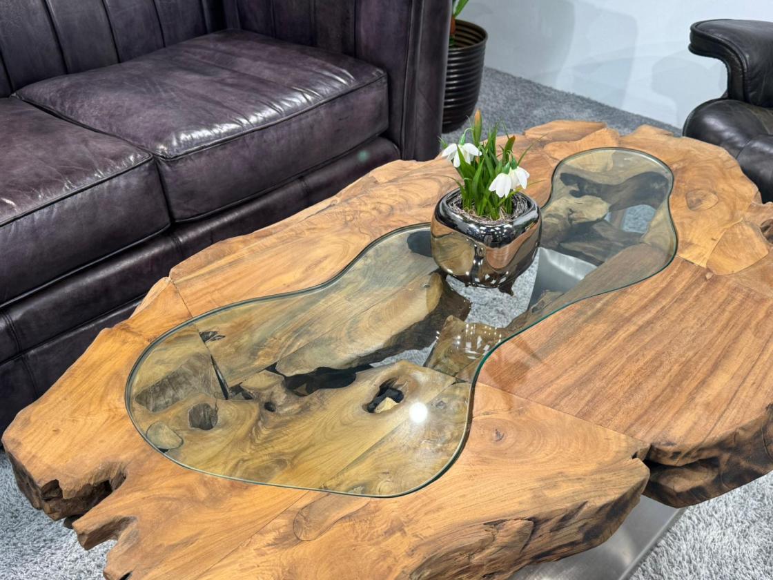 Unikat Couchtisch aus Holz Baumstamm Baumscheibe mit Edelstahl