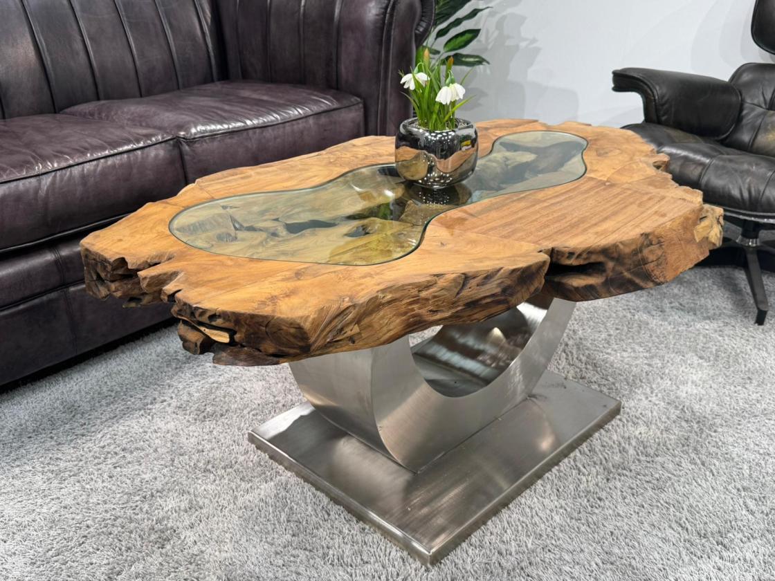 Unikat Couchtisch aus Holz Baumstamm Baumscheibe mit Edelstahl