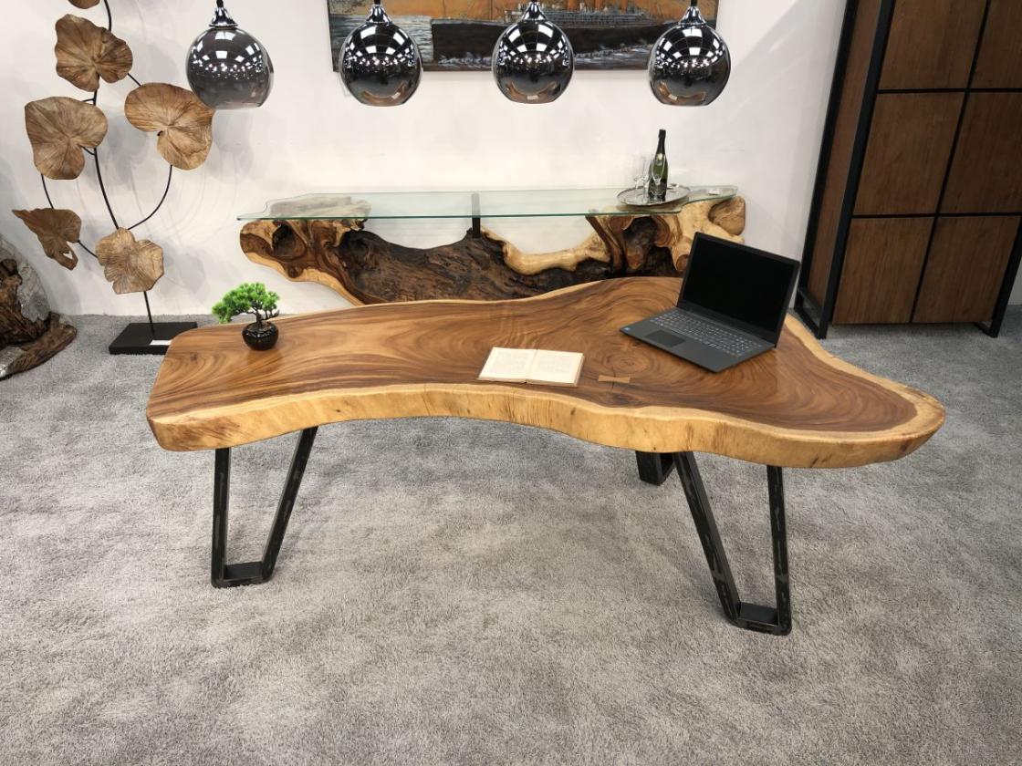 Schreibtisch / Tisch ca. 200 x 60-100 x 78 cm aus einer massivem Baumscheibe Suar inkl. Rohstahlgestell