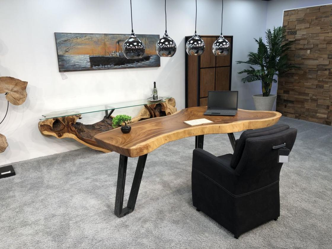 Schreibtisch / Tisch ca. 200 x 60-100 x 78 cm aus einer massivem Baumscheibe Suar inkl. Rohstahlgestell
