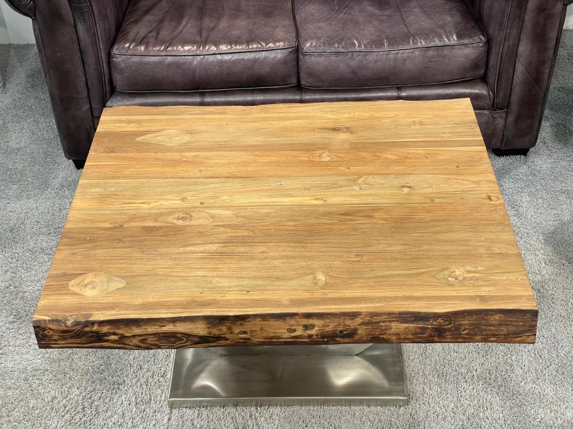 Solid wood coffee table made from recycled teak, square shape.