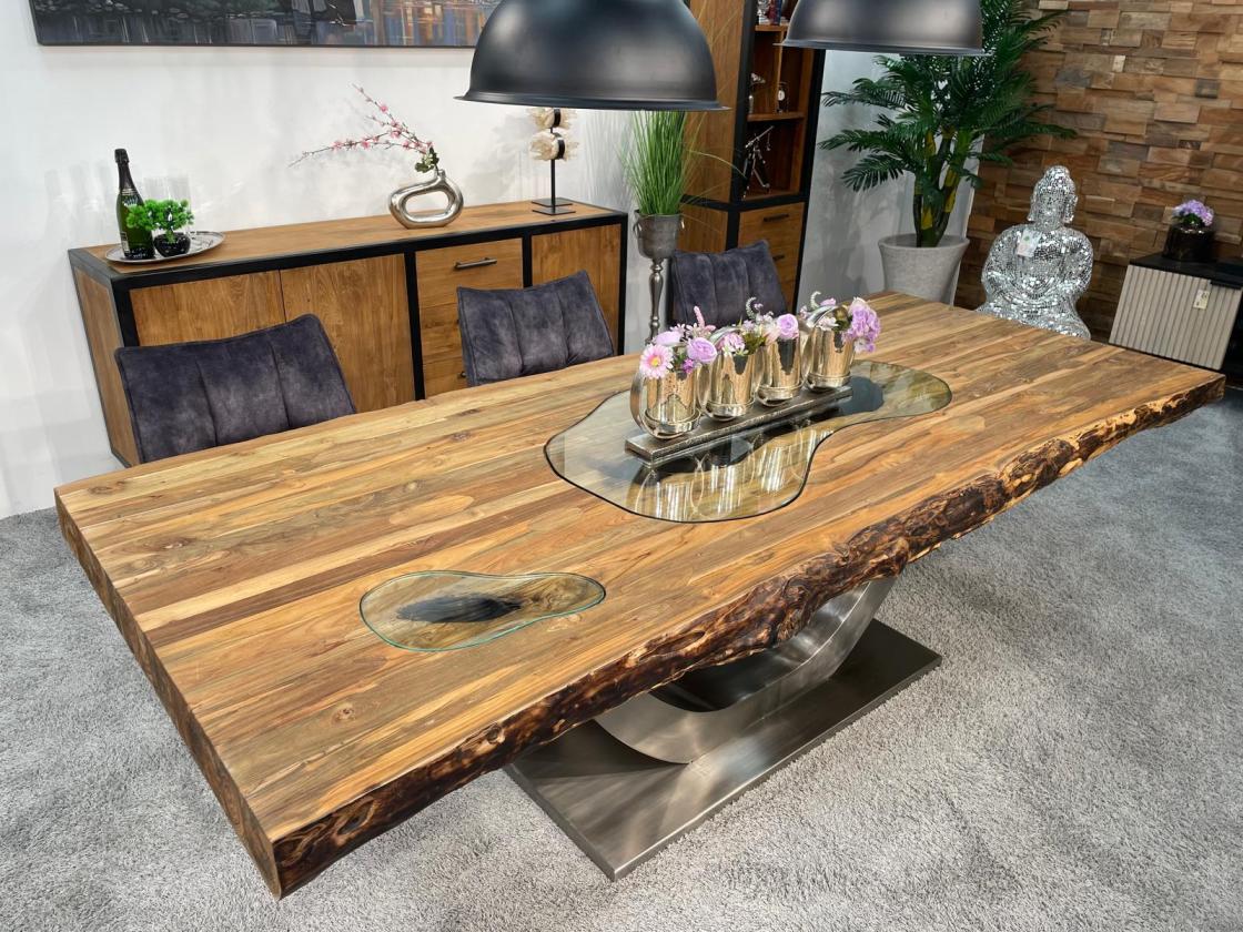 Massiver Teakholztisch mit Halbmond Stahlfuss 250cm