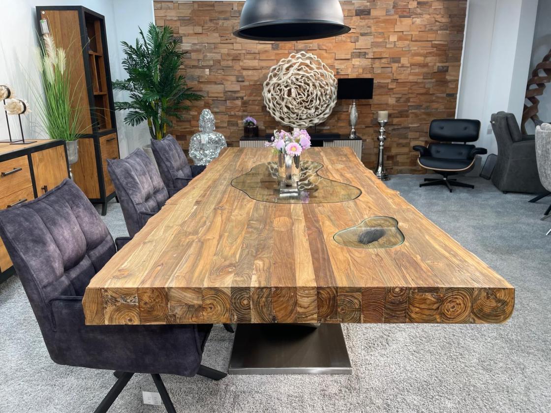 Massiver Teakholztisch mit Halbmond Stahlfuss 250cm