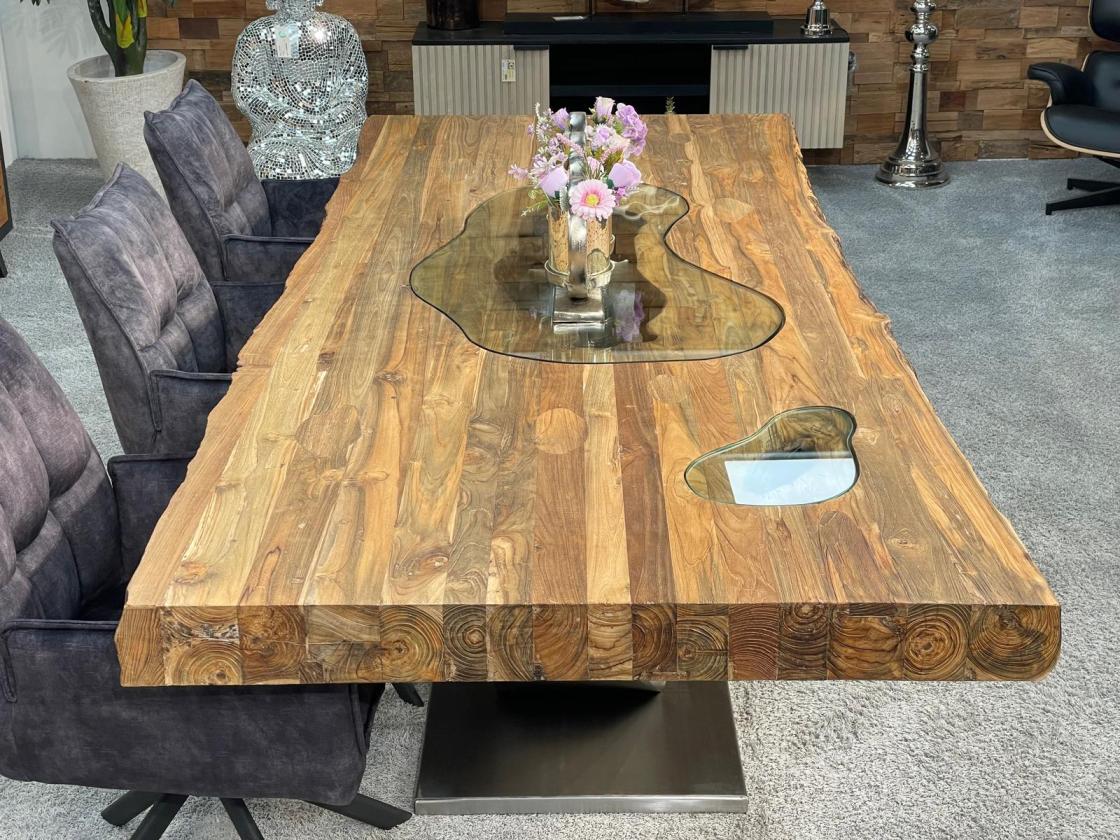 Massiver Teakholztisch mit Halbmond Stahlfuss 250cm