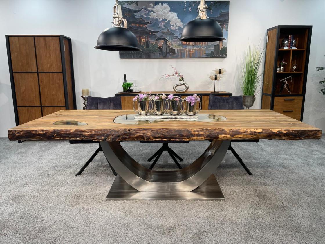 Massiver Teakholztisch mit Halbmond Stahlfuss 250cm