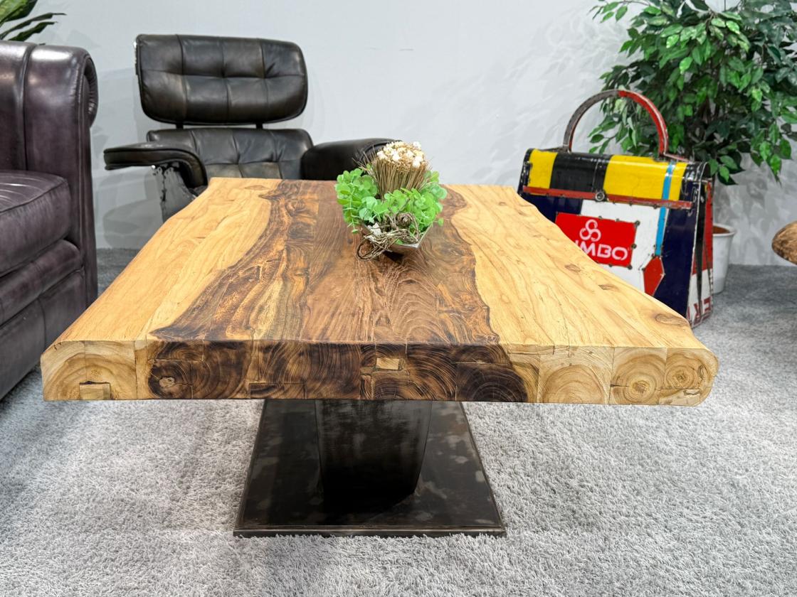 Wohnzimmertisch aus Massivholz mit Glasplatte, 140x80x49 cm