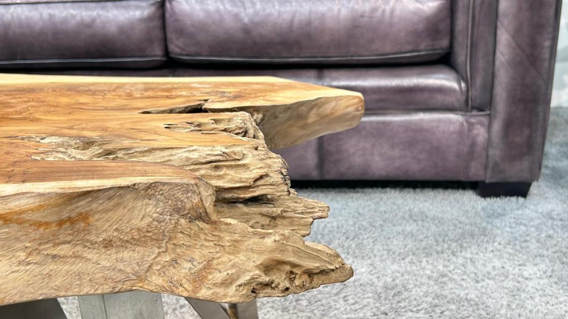 Wohnzimmertisch aus Teakholz mit Glasplatte, ca. 116x73x41 cm