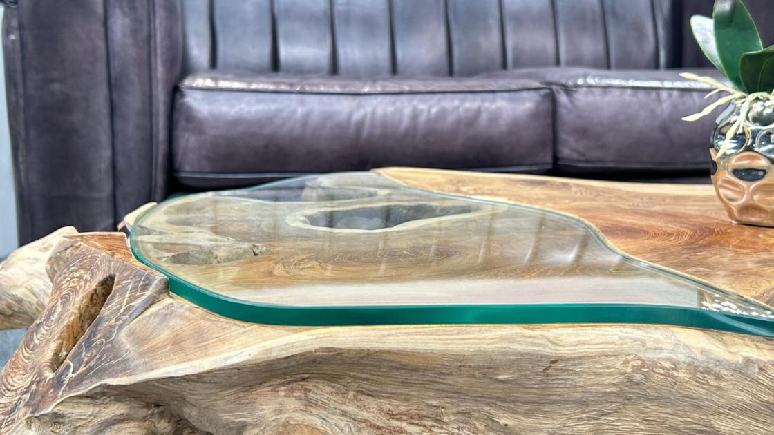 Wohnzimmertisch aus Teakholz mit Glasplatte, 116x73x41 cm