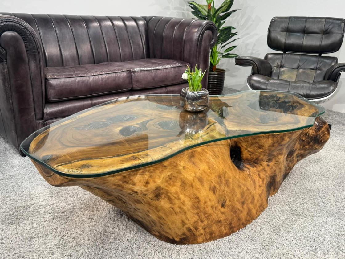 Wohnzimmertisch aus Suar-Baumstamm mit Glas, 155x85x41 cm.