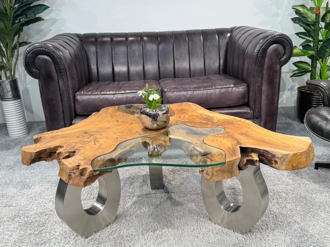 Sofatisch mit Glaseinlagen, Stahlfüßen in O-Form, 120x90x44 cm