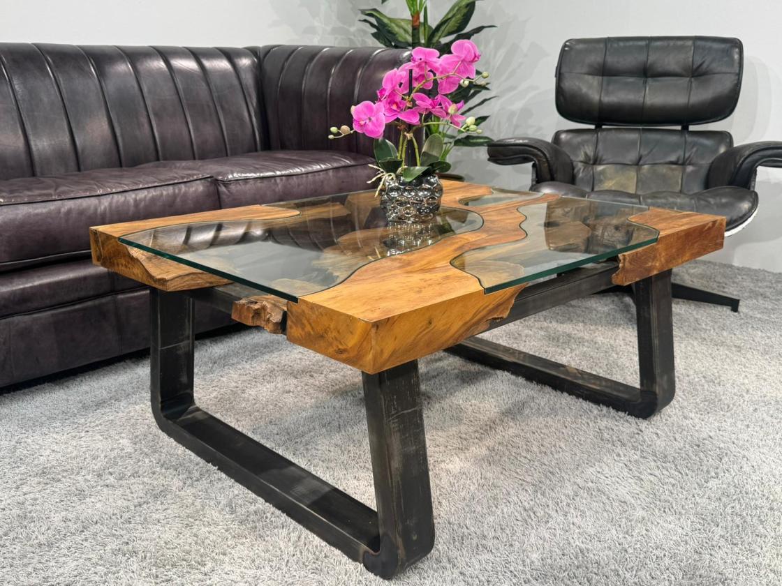 Wooden coffee table with glass inlays, trapezoid shape