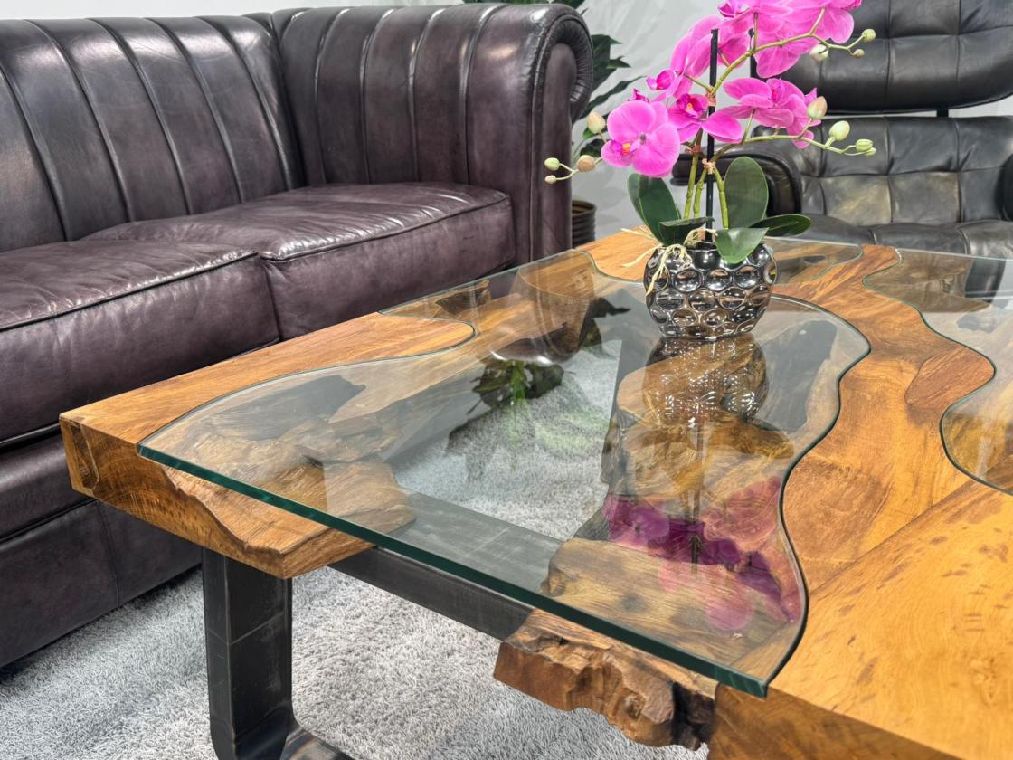 Wooden coffee table with glass inlays, trapezoid shape, 100x60x45 cm.