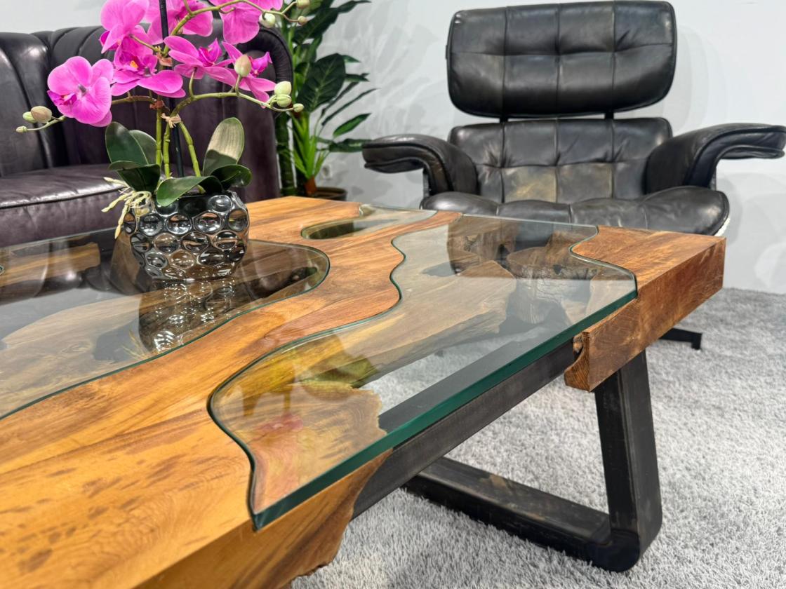 Wooden coffee table with glass inlays, metal legs