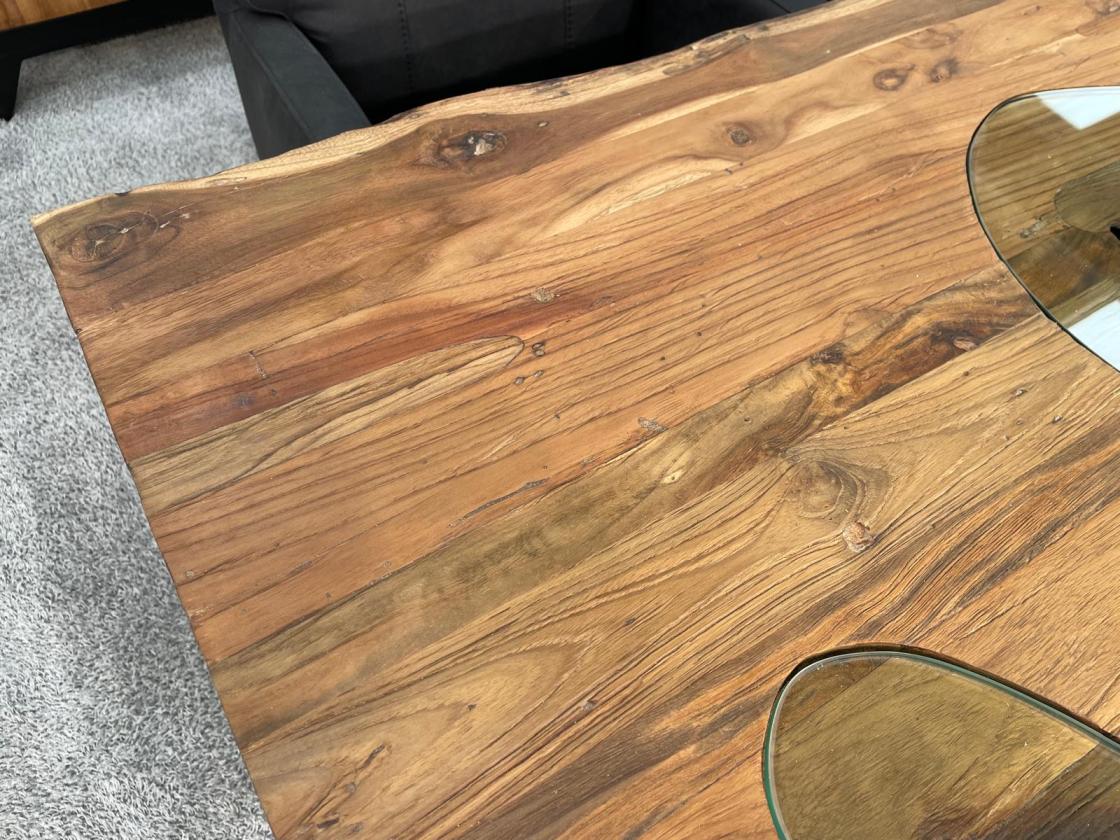 Massivholz Esszimmertisch mit Halbmondfuss und Glas 180cm