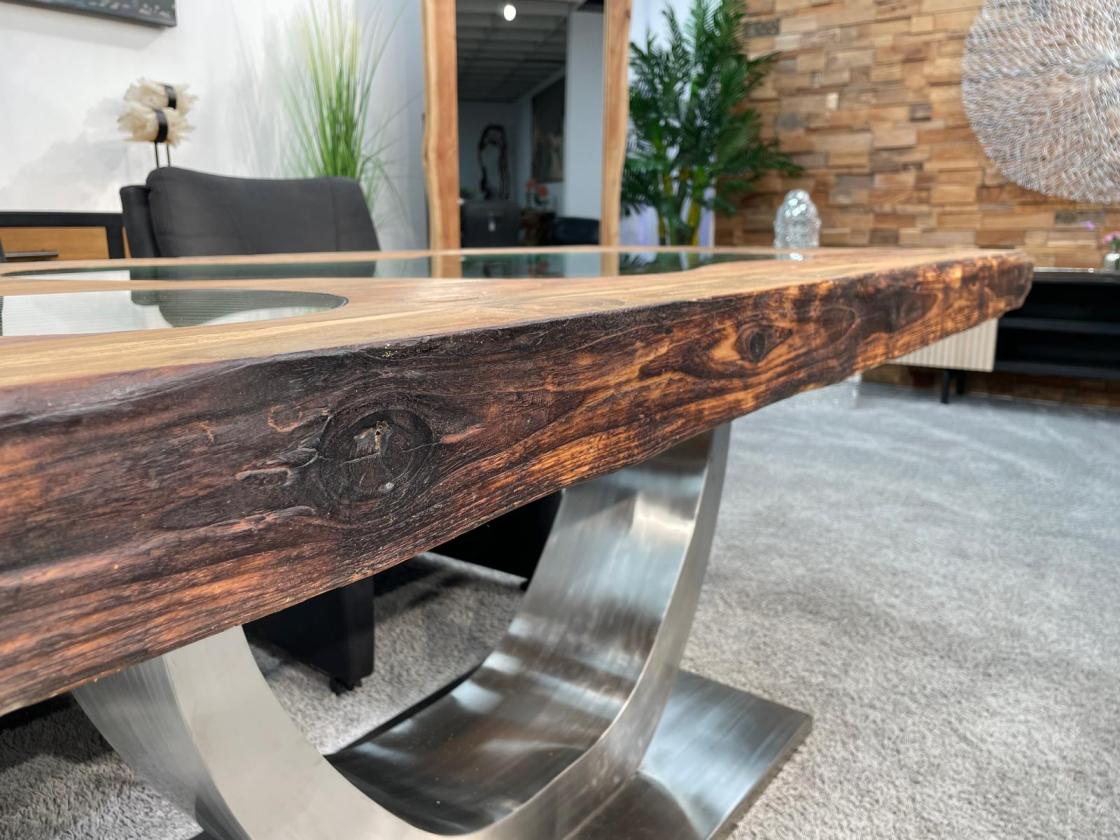 Massivholz Esszimmertisch mit Halbmondfuss und Glas 180cm