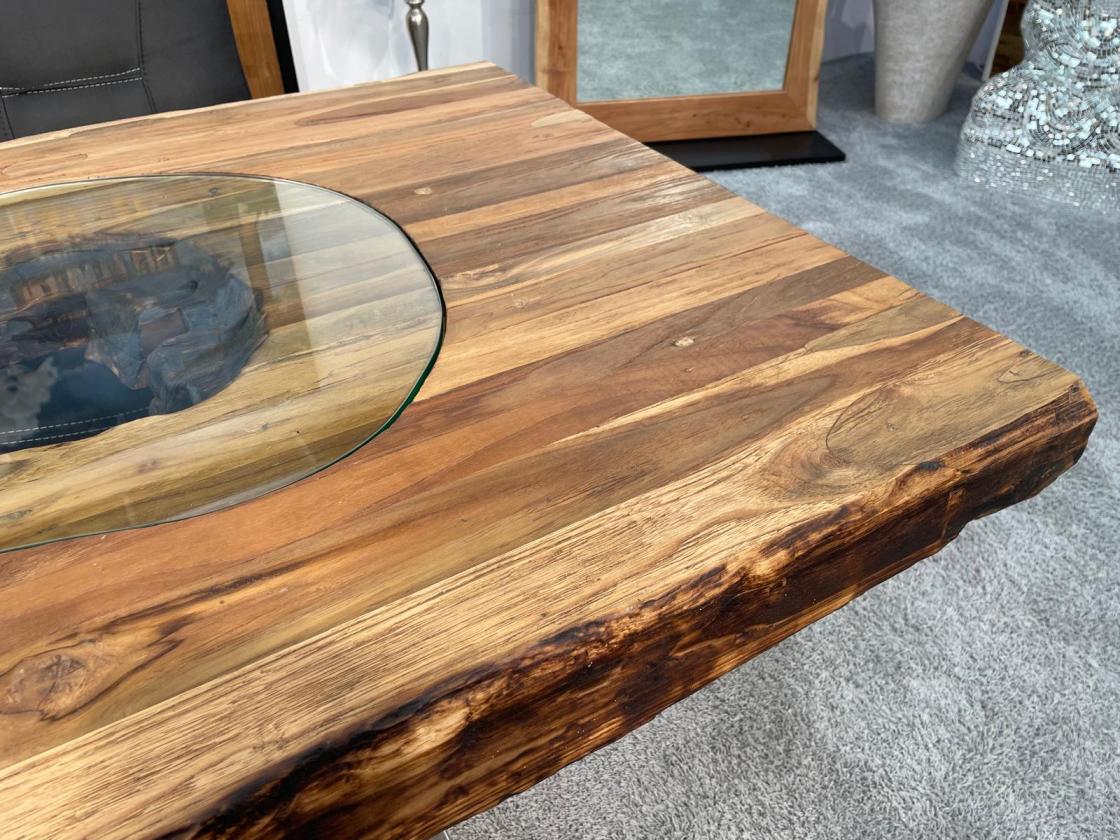Massivholz Esszimmertisch mit Halbmondfuss und Glas 180cm