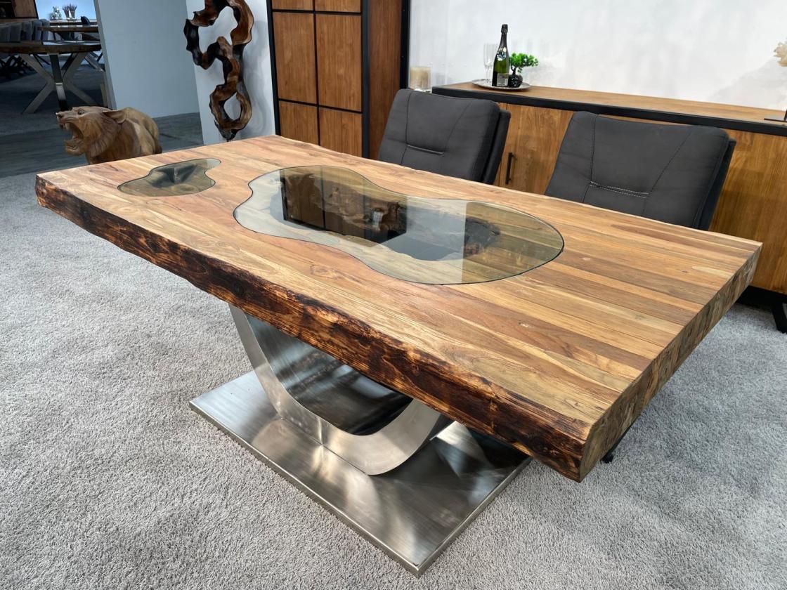 Massivholz Esszimmertisch mit Halbmondfuss und Glas 180cm