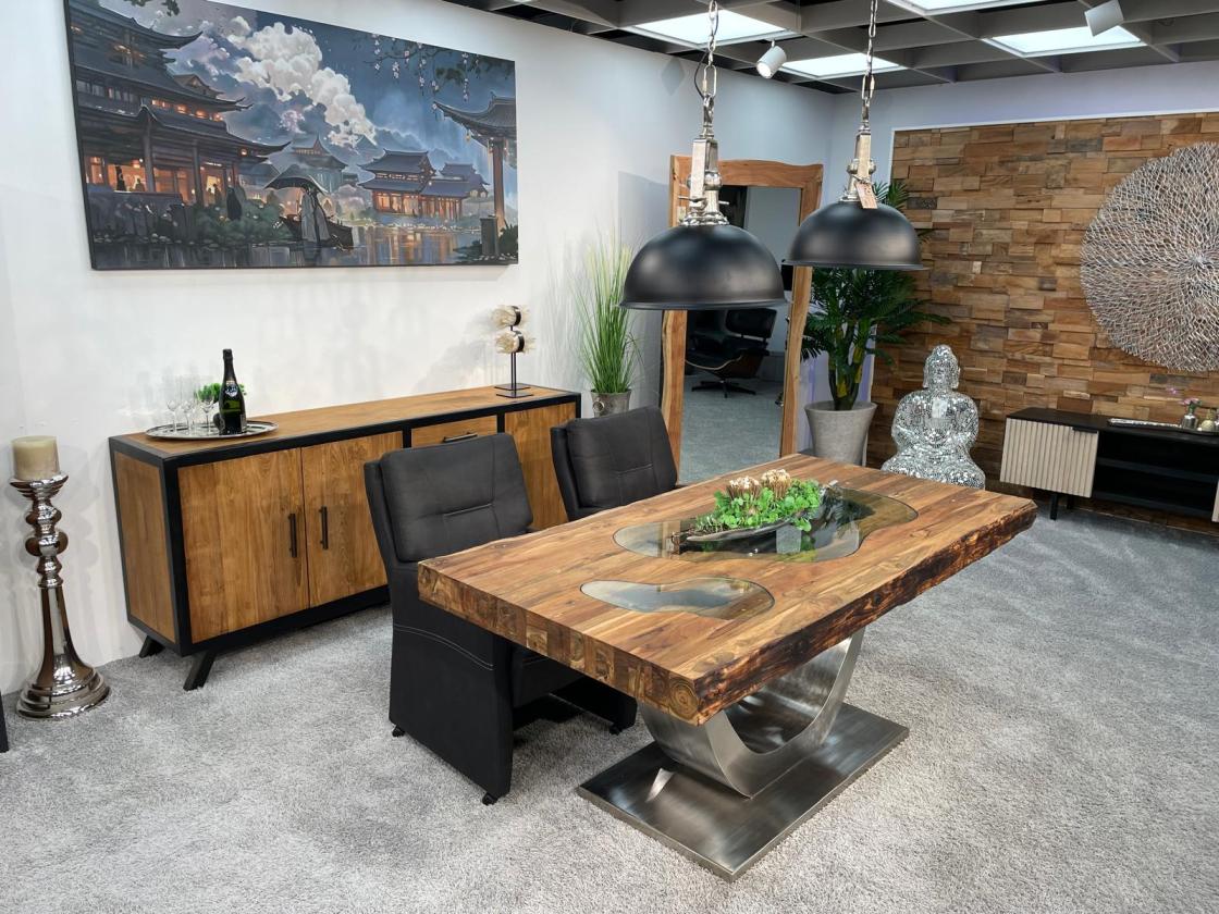 Massivholz Esszimmertisch mit Halbmondfuss und Glas 180cm