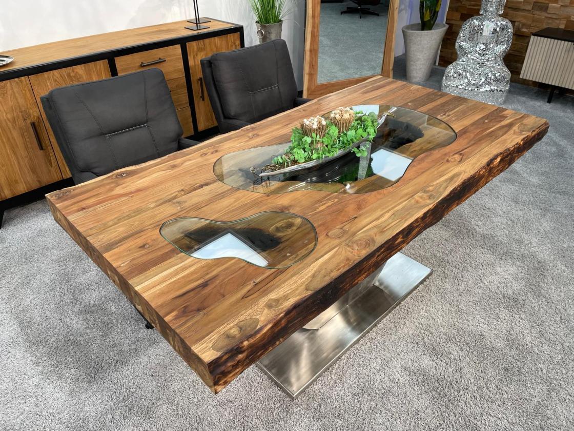 Massivholz Esszimmertisch mit Halbmondfuss und Glas 180cm