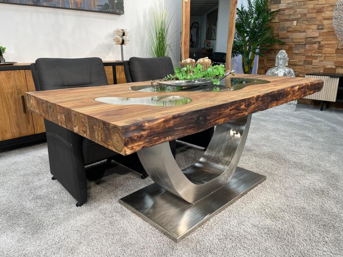 Massivholz Esszimmertisch mit Halbmondfuss und Glas 180cm