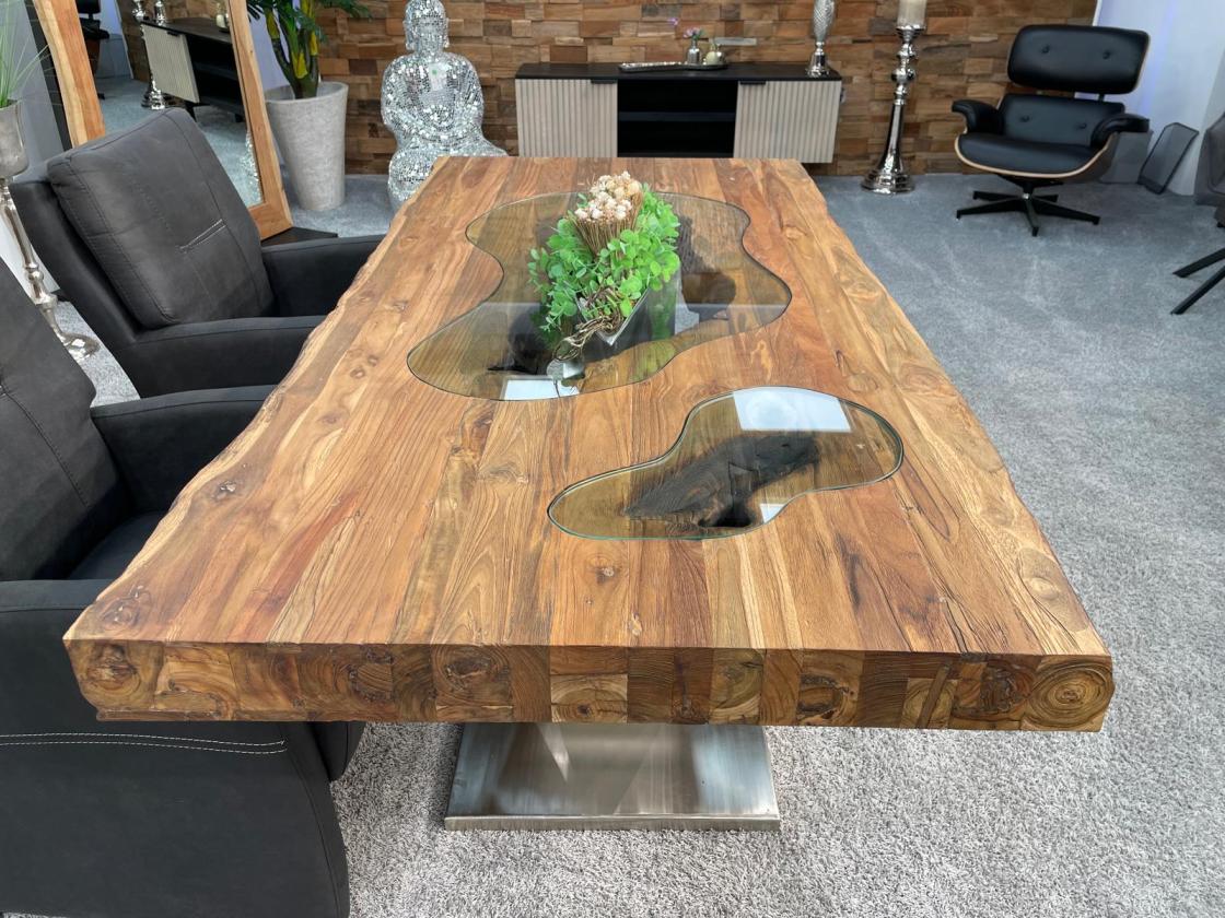 Massivholz Esszimmertisch mit Halbmondfuss und Glas 180cm