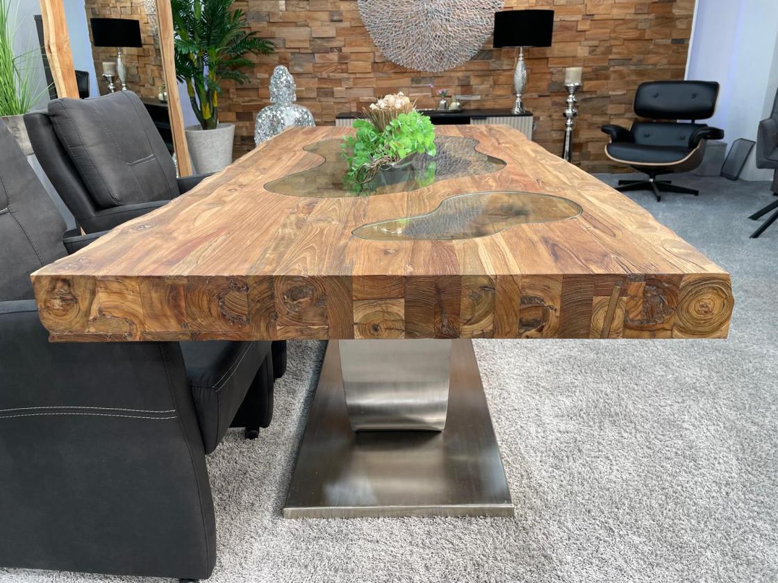 Massivholz Esszimmertisch mit Halbmondfuss und Glas 180cm