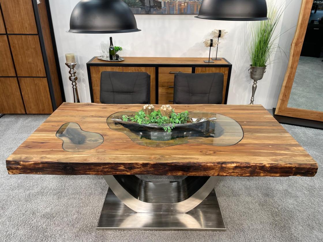 Massivholz Esszimmertisch mit Halbmondfuss und Glas 180cm