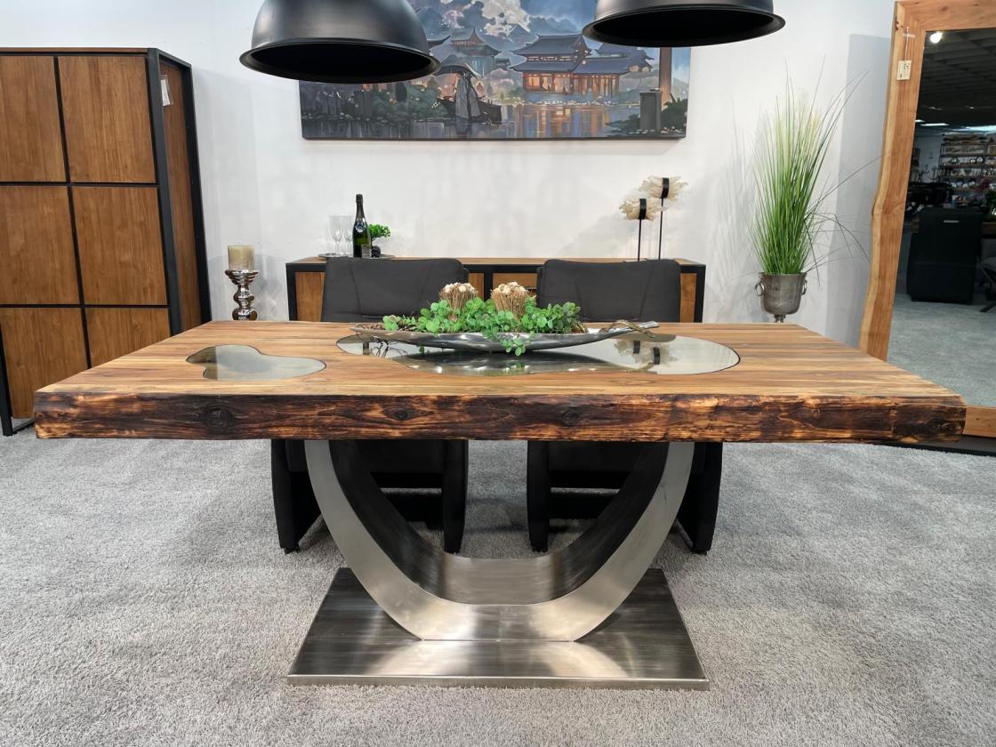 Massivholz Esszimmertisch mit Halbmondfuss und Glas 180cm