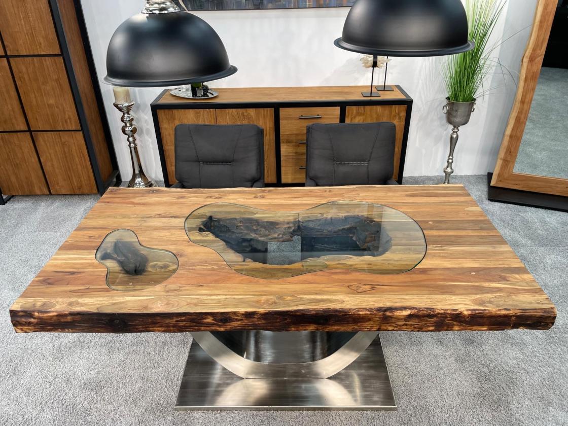 Massivholz Esszimmertisch mit Halbmondfuss und Glas 180cm