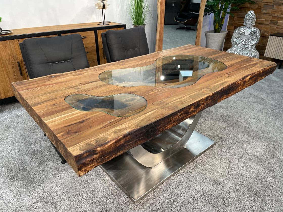 Massivholz Esszimmertisch mit Halbmondfuss und Glas 180cm