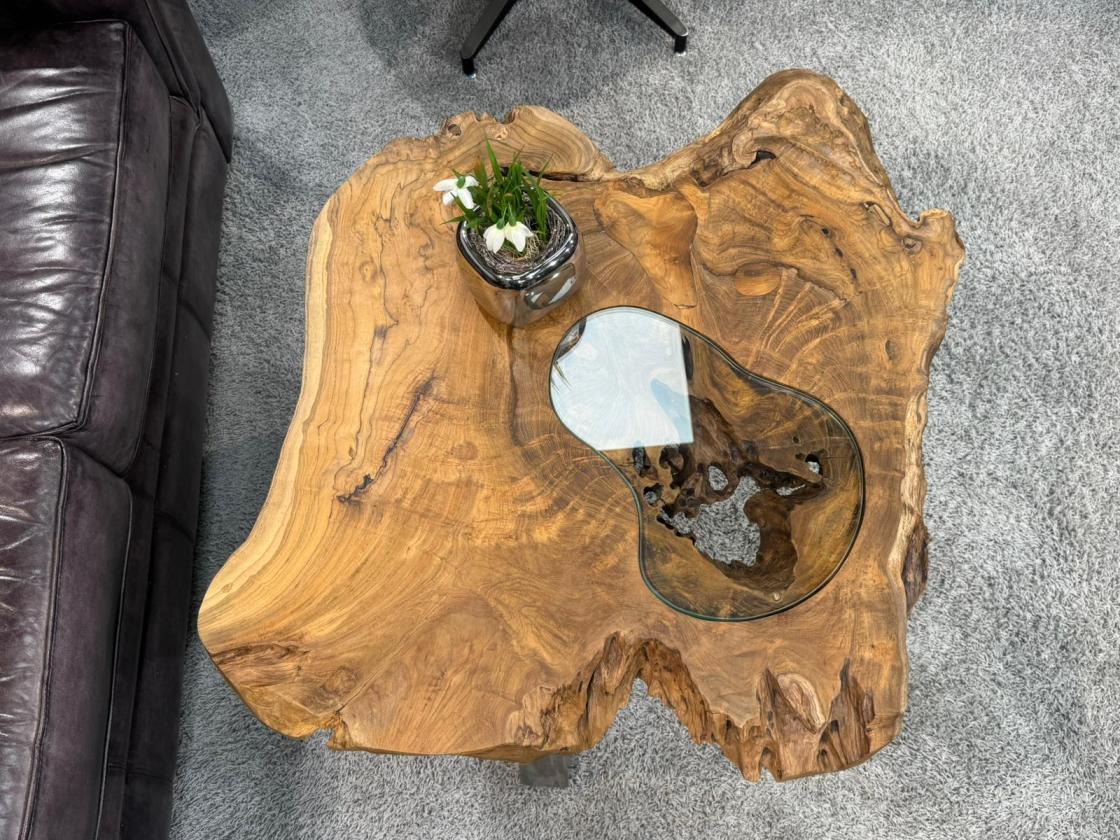 Log table with glass top and metal legs, wooden bowl with plants