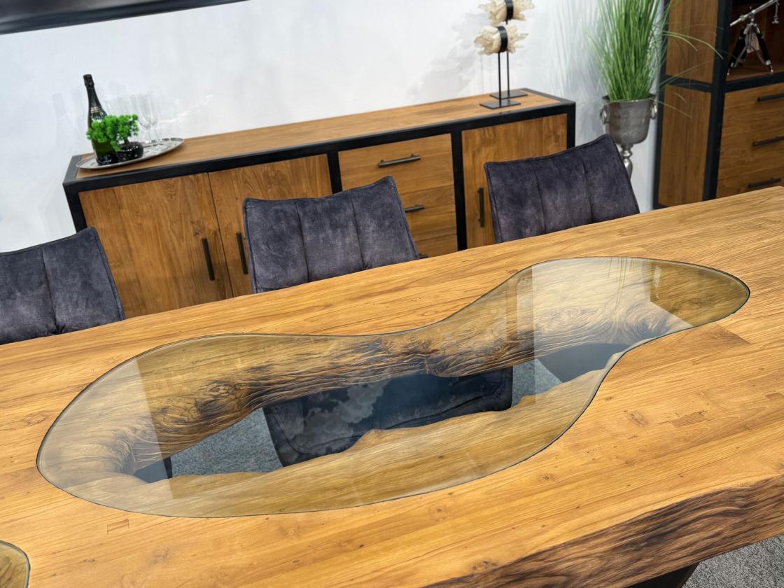 Massiver Teakholztisch mit Halbmond Stahlfuss 250cm