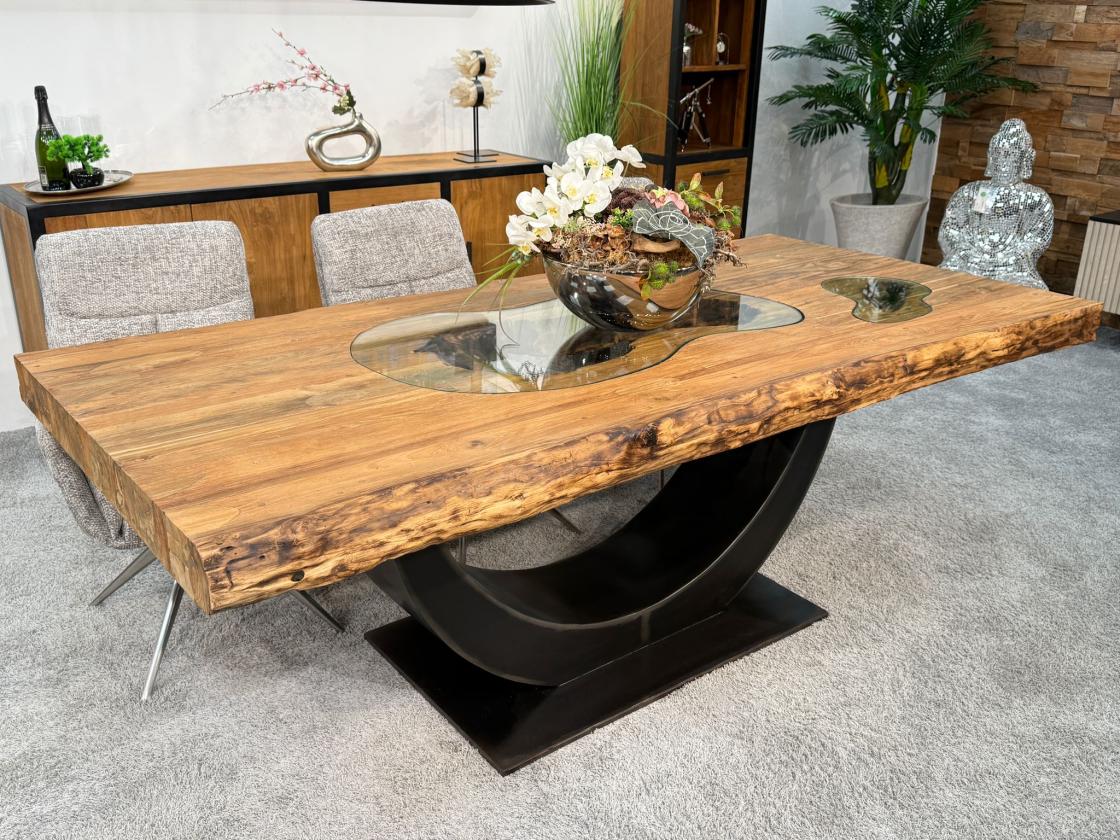 Stilvoller Esstisch aus massivem Teakholz und Glas 220 cm