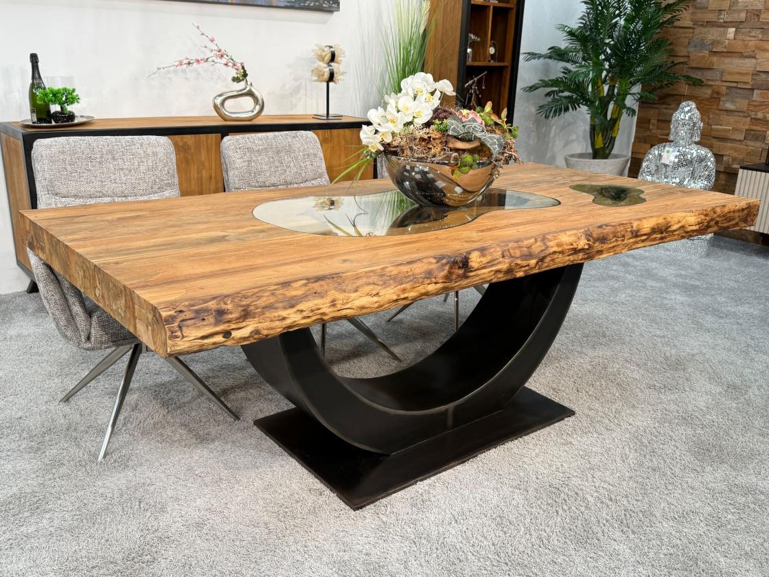 Stilvoller Esstisch aus massivem Teakholz und Glas 220 cm