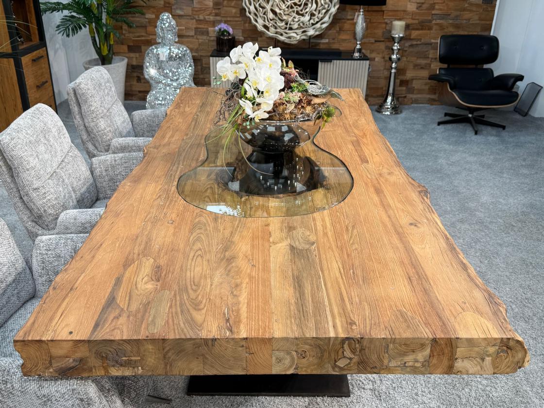 Stilvoller Esstisch aus massivem Teakholz und Glas 220 cm