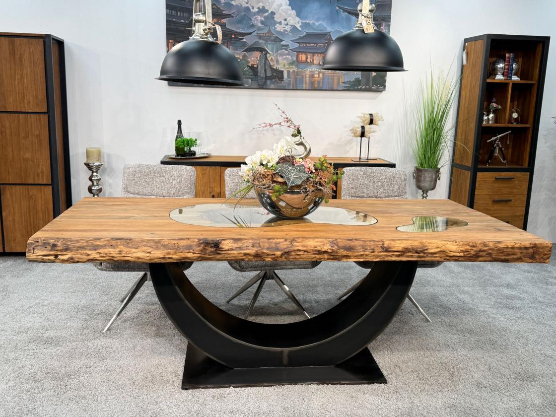 Stilvoller Esstisch aus massivem Teakholz und Glas 220 cm