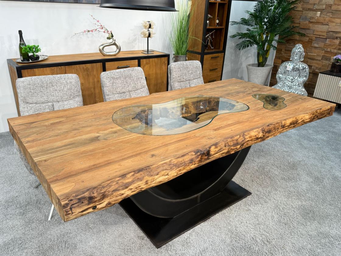 Stilvoller Esstisch aus massivem Teakholz und Glas 220 cm