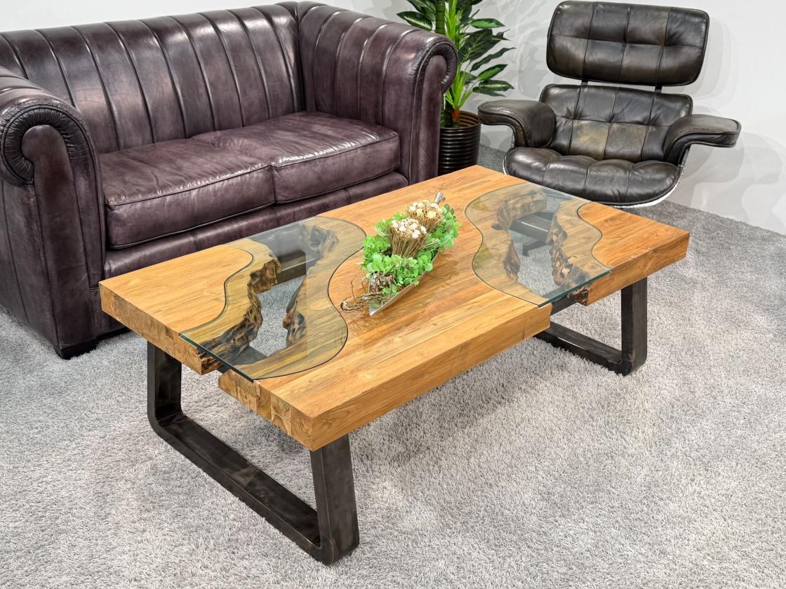 Holz Wohnzimmertisch mit Glas, ca. 140x80x45 cm, rechteckig